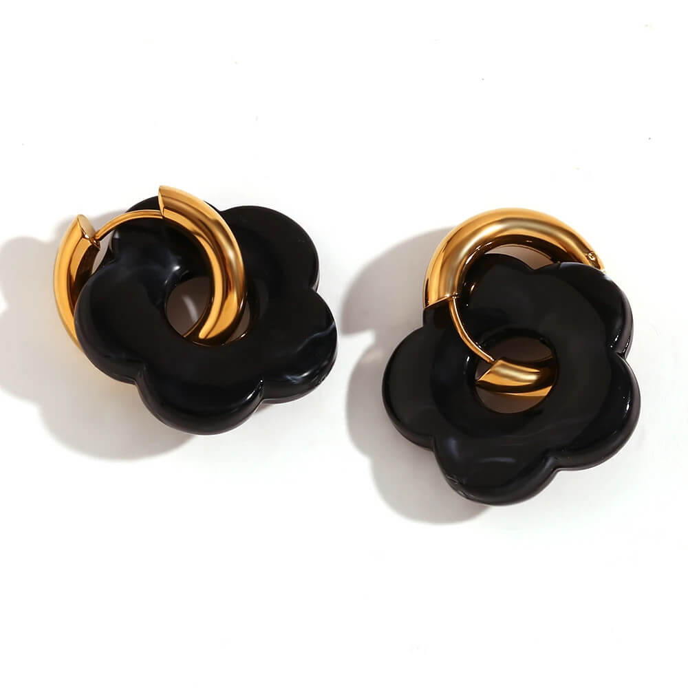 Acrylic Gold Flower Earrings in Black.