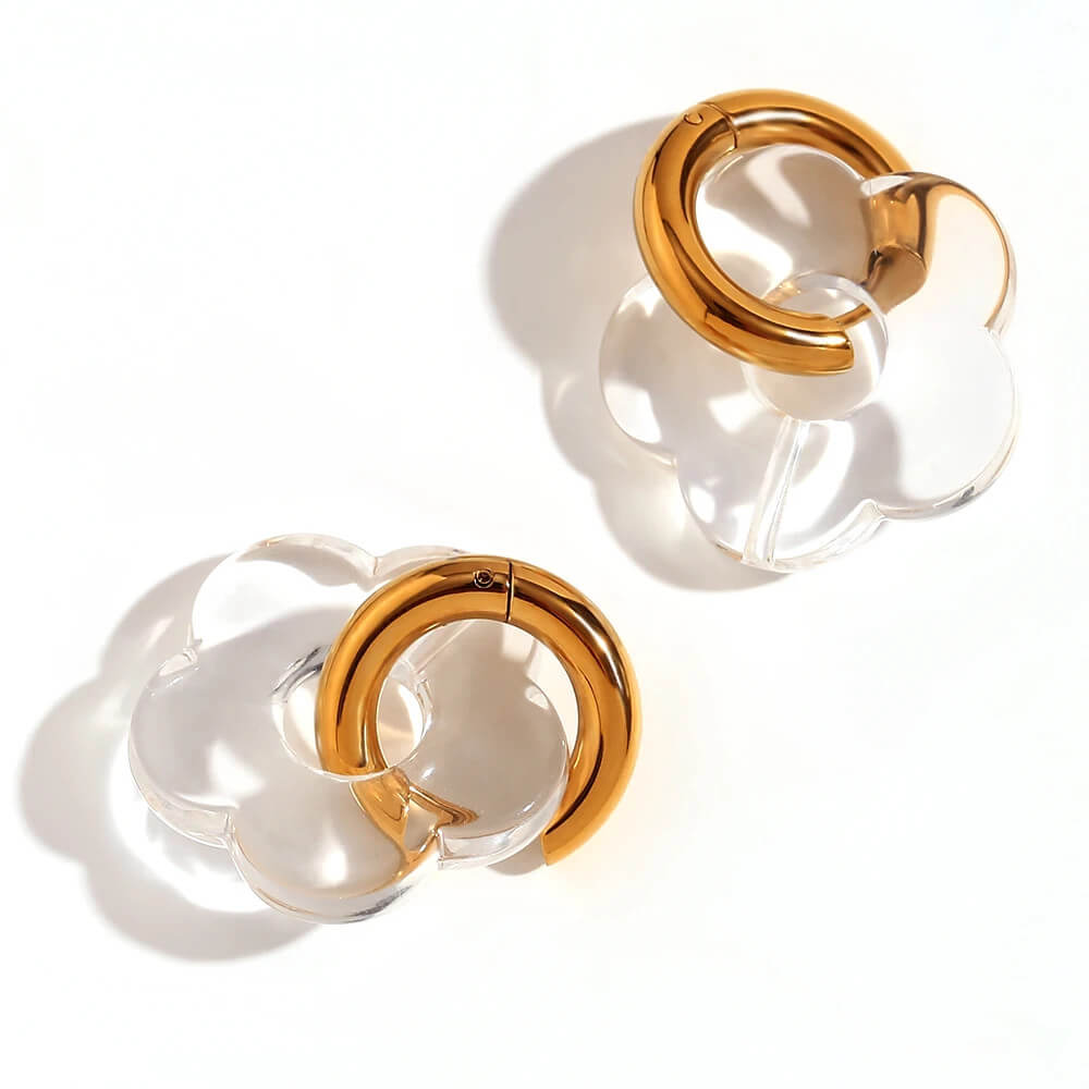 Acrylic Gold Flower Earrings in Clear.