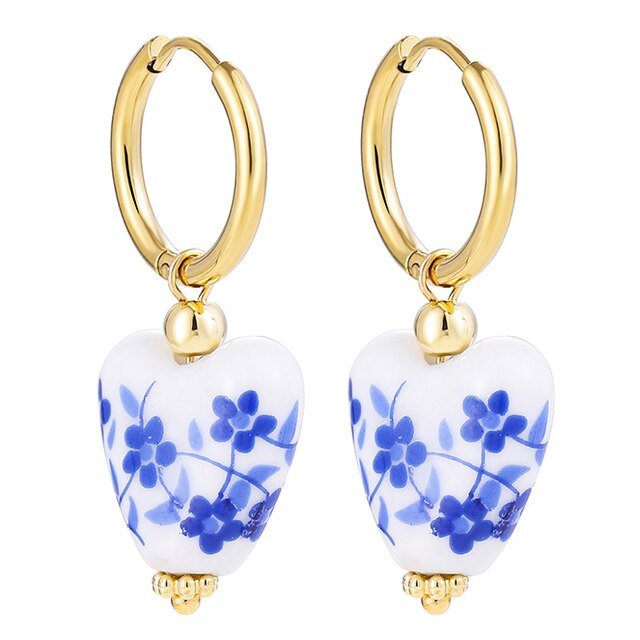 Blue & White Heart Earrings on Gold Hoops.