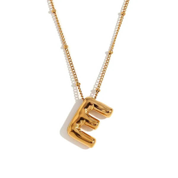 Gold Bubble Letter E Necklace.