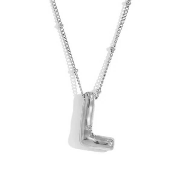Silver Bubble Letter L Necklace.