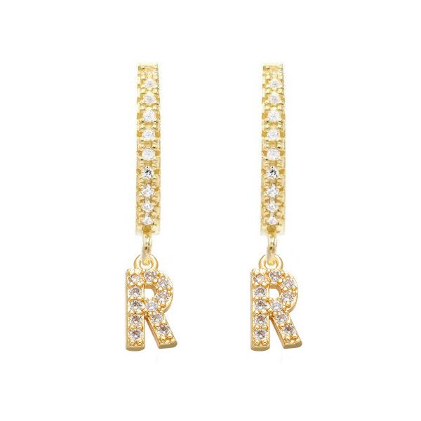 Gold CZ Pave Initial Huggies, letter R.