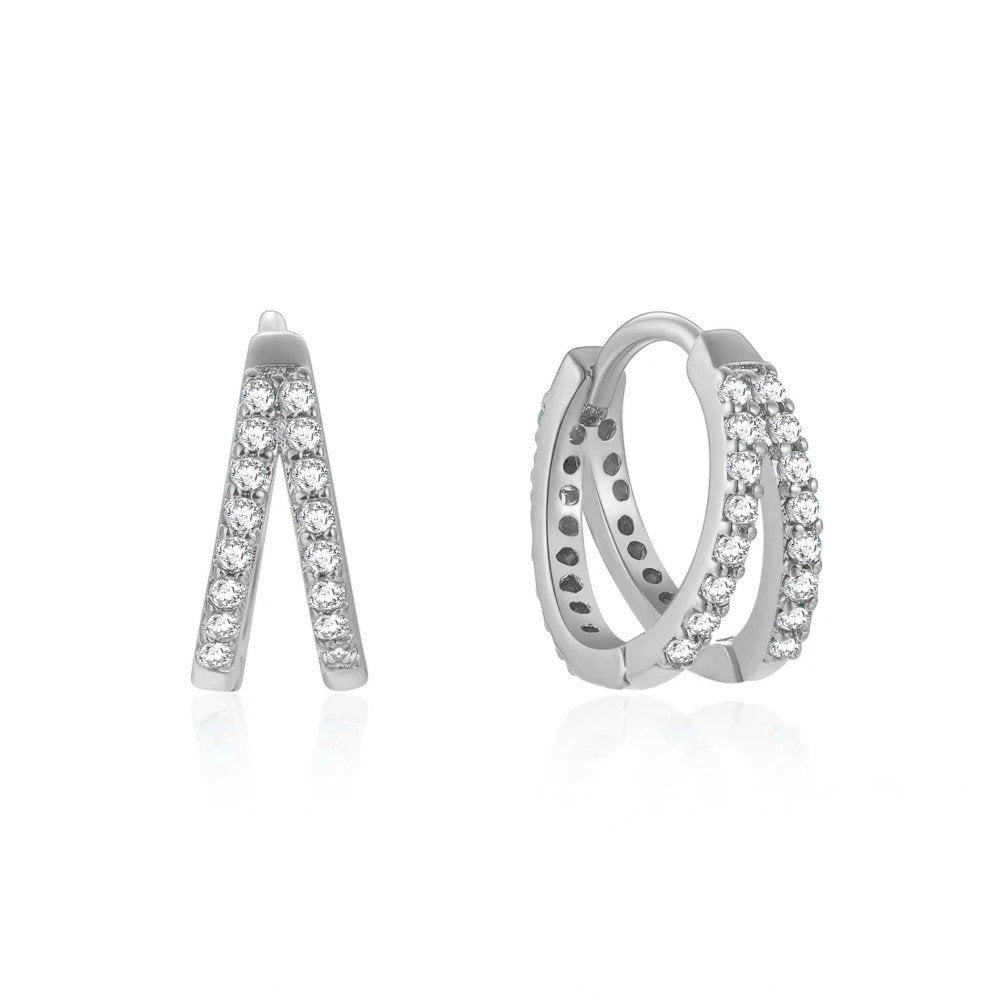 Silver Double CZ Huggie Earrings.