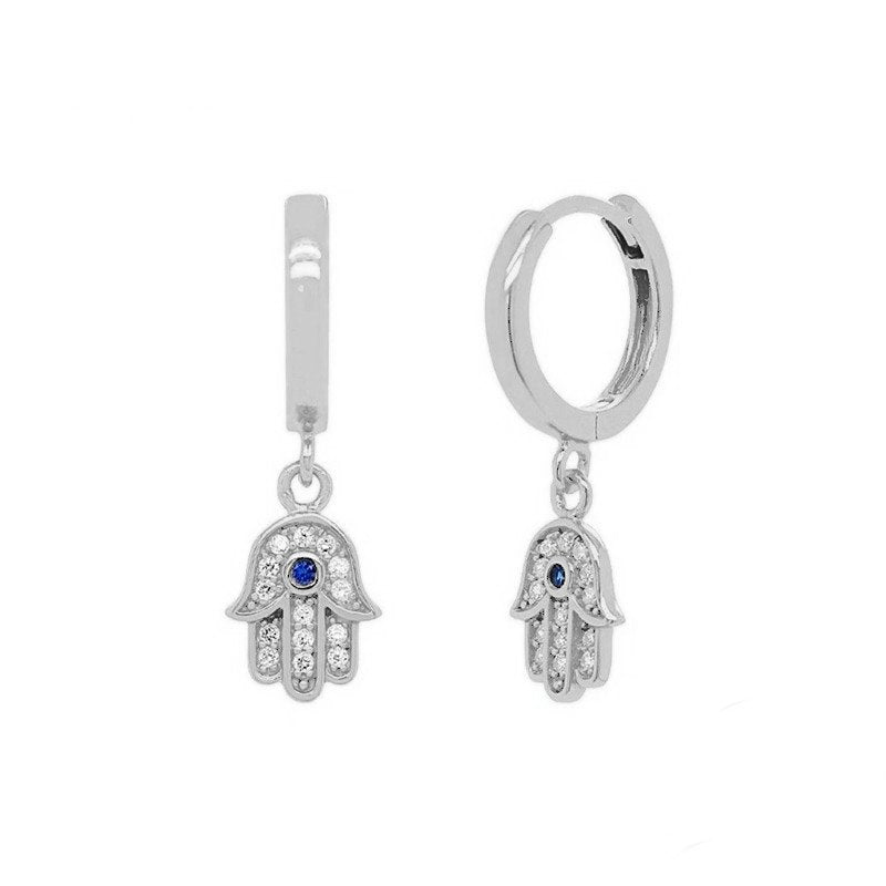 Hamsa Hand CZ Huggies in silver.