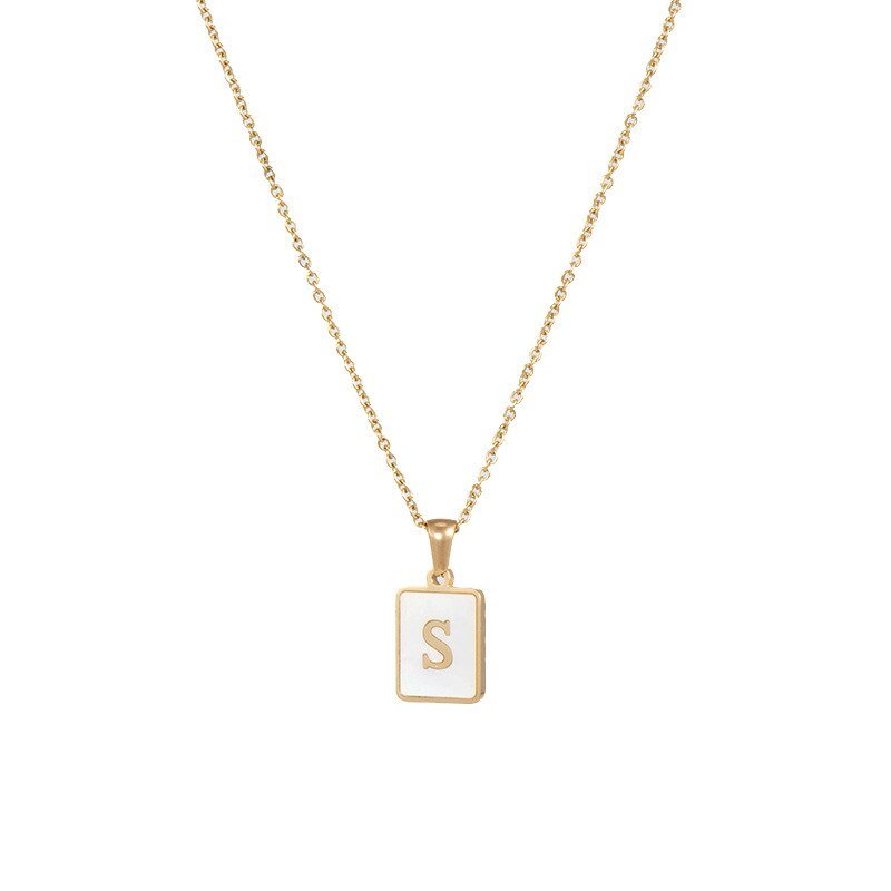 Gold Mother of Pearl Monogram Necklace, Letter S.