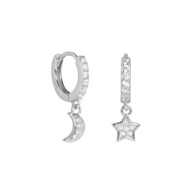 Star & Moon CZ Huggies in silver.