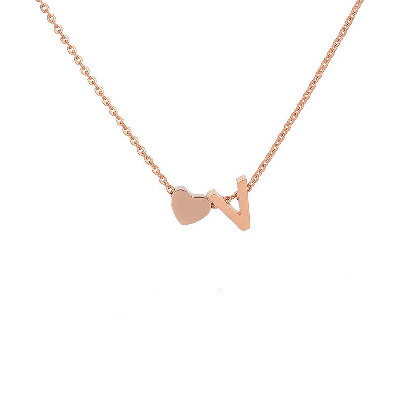 Rose Gold Heart Initial Necklace, letter V.