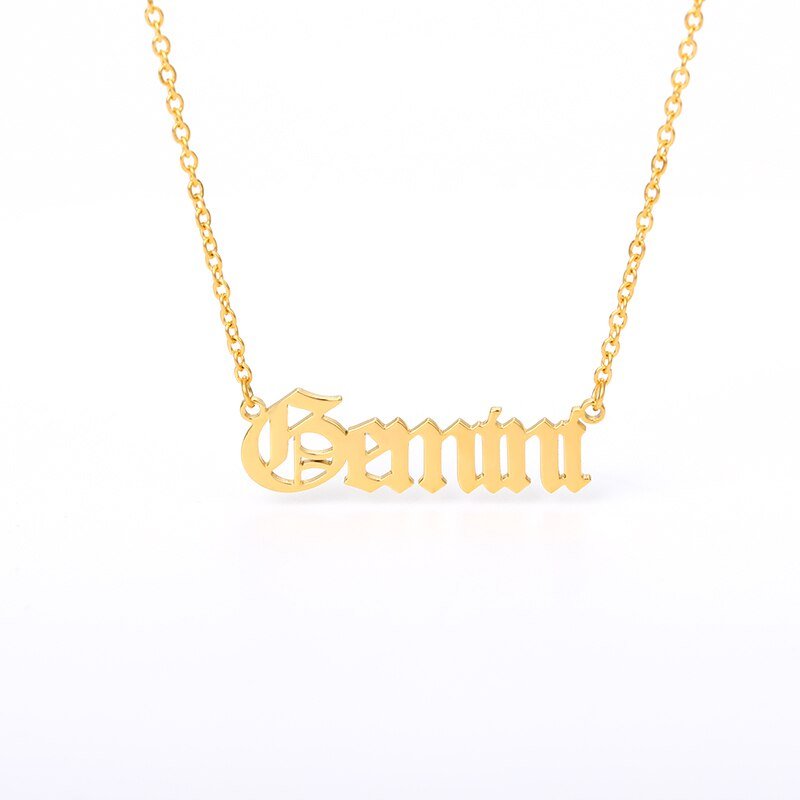 Gemini Zodiac Name Plate Necklace in Gold.